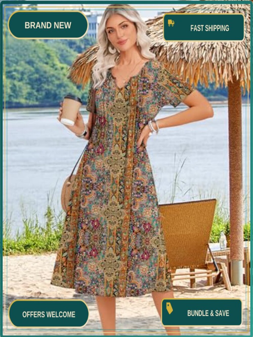 Casual Short Sleeve Aline Midi Dress with Pockets Flowy Pleated Beach Sundress - Picture 3 of 6